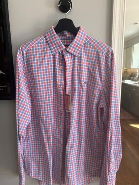 Vineyard Vines Pink and Blue Check “Whale” Lightweight Long-Sleeve Shirt